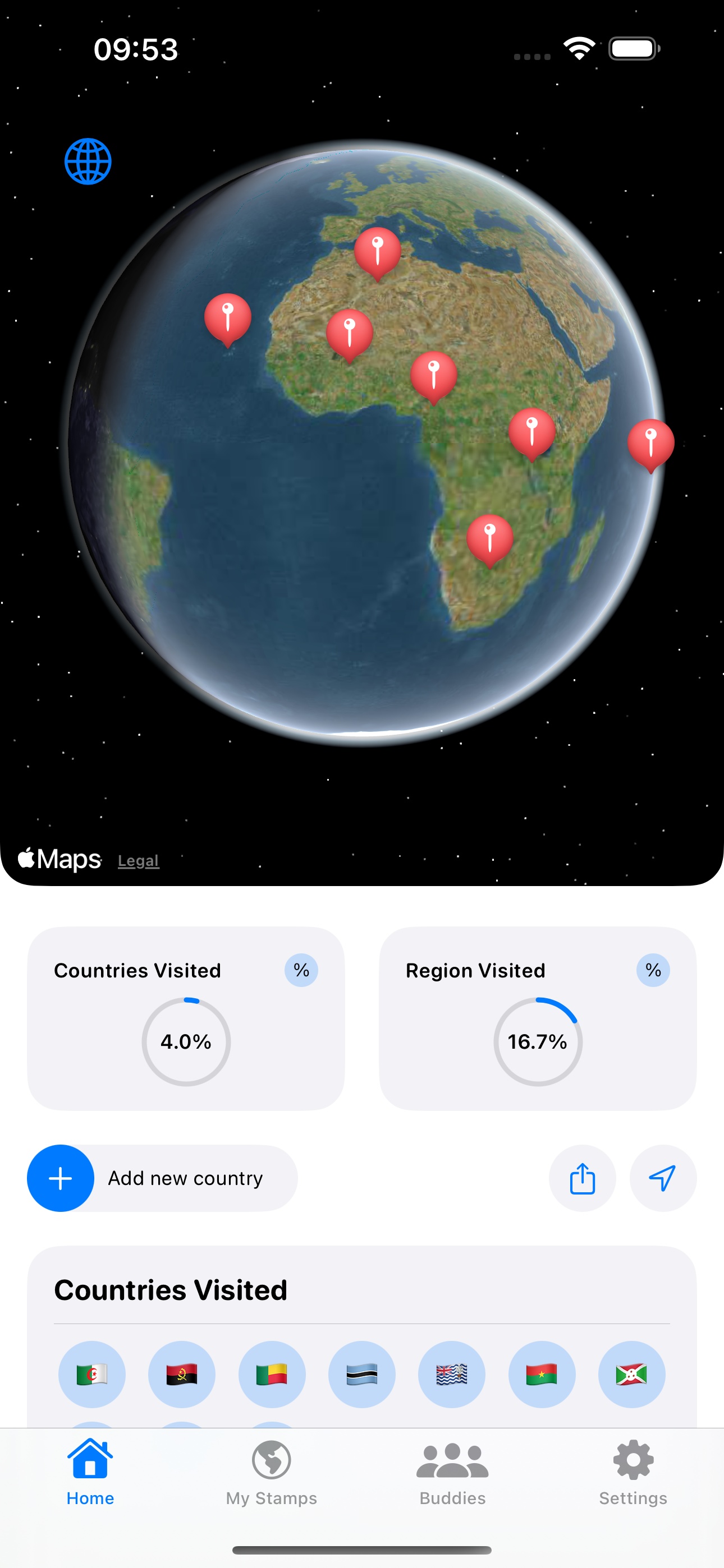 Travu app screenshot showing the world map with visited countries highlighted.