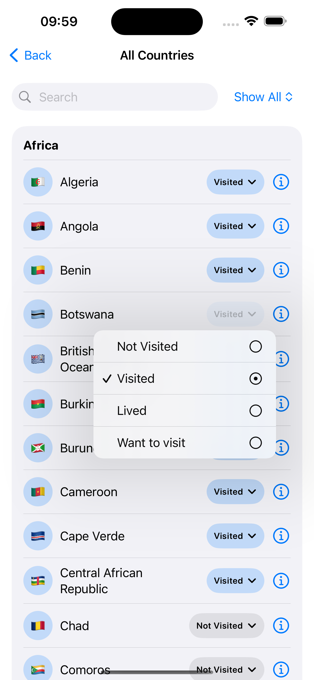 Travu app screenshot showing detailed information about a specific country.
