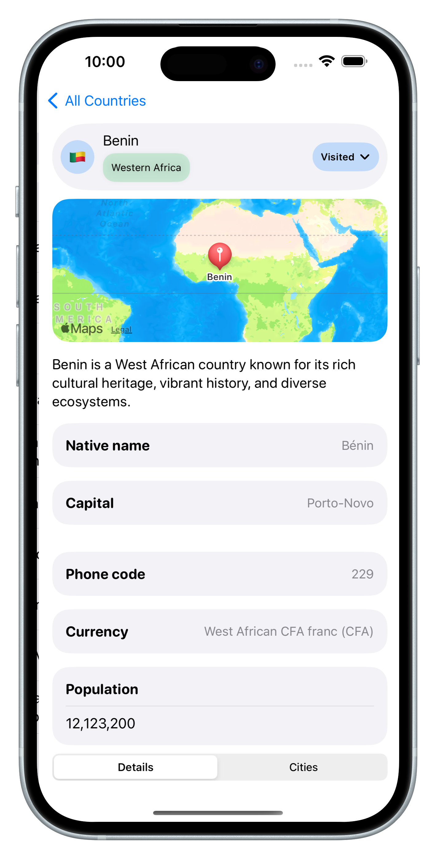 Travu app showing a list of countries