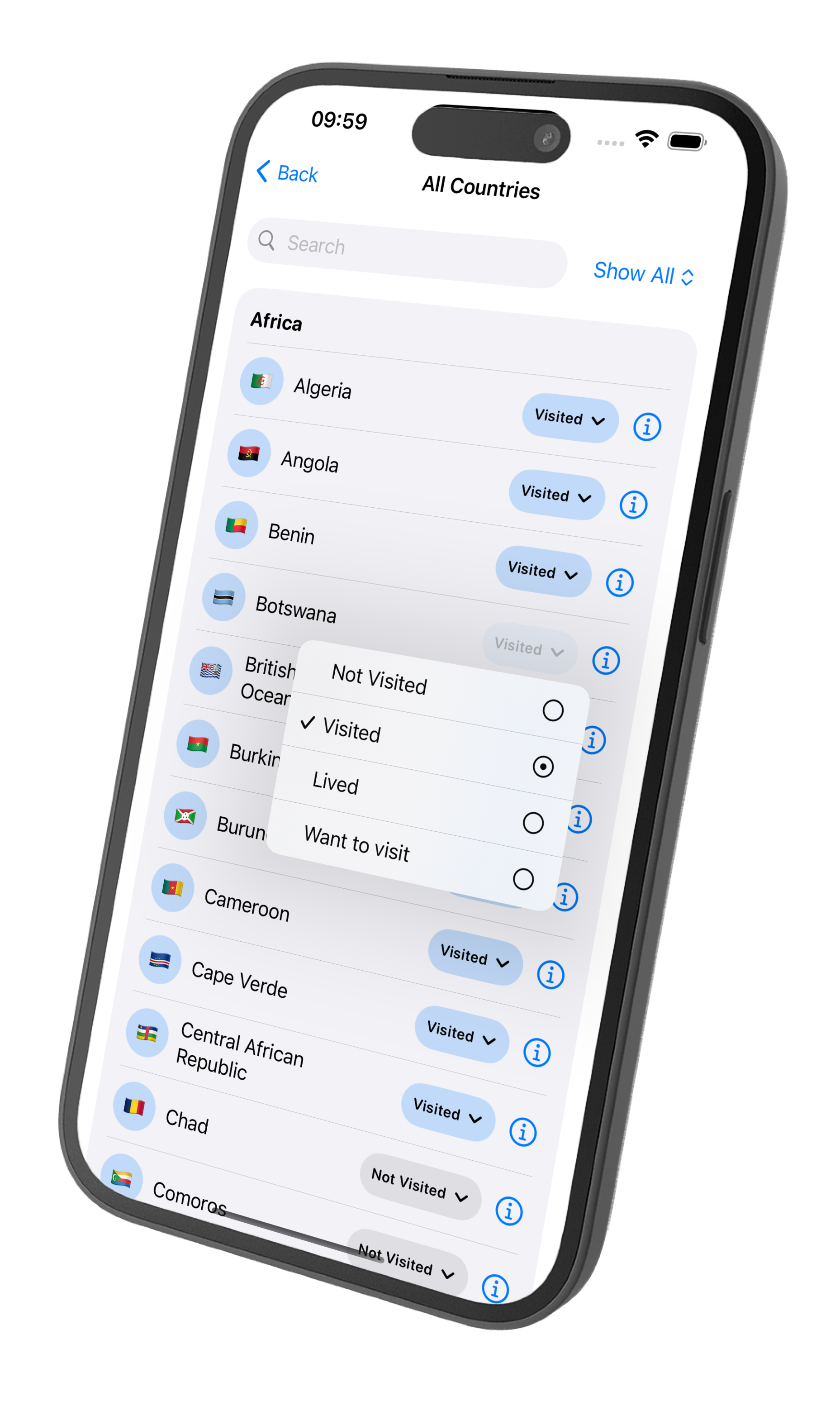 Travu app showing a map of the world